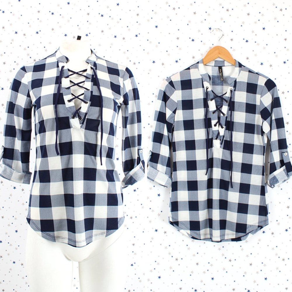 Lace Up Henley Plaid Top Pre-rolled 3/4 Sleeve Navy / Off White